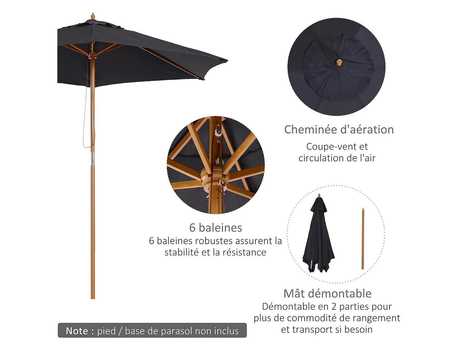 Parasol droit hexagonal grande taille de jardin Ø 2,5 x 2,3H m bois de bambou noir
