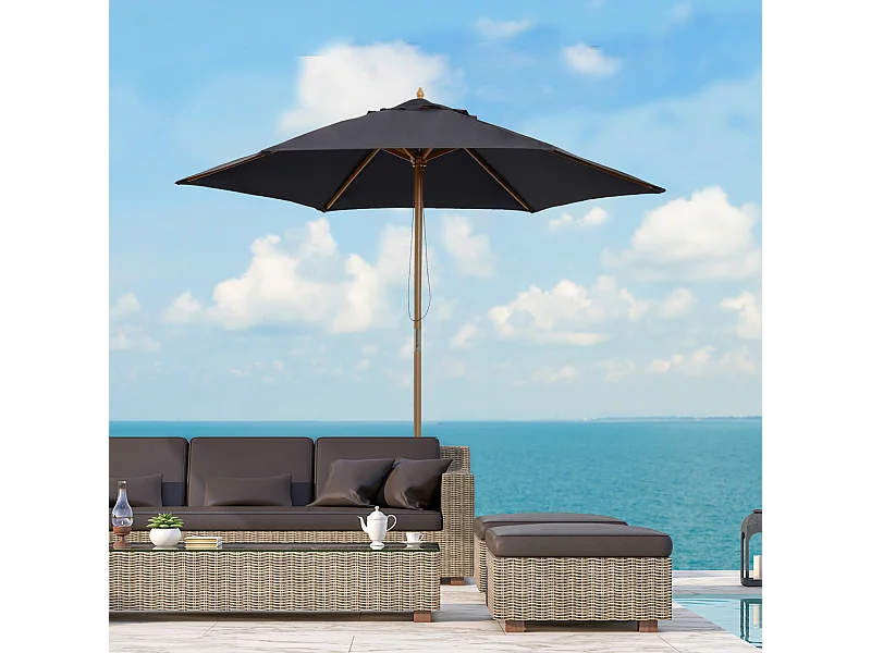 Parasol droit hexagonal grande taille de jardin Ø 2,5 x 2,3H m bois de bambou noir