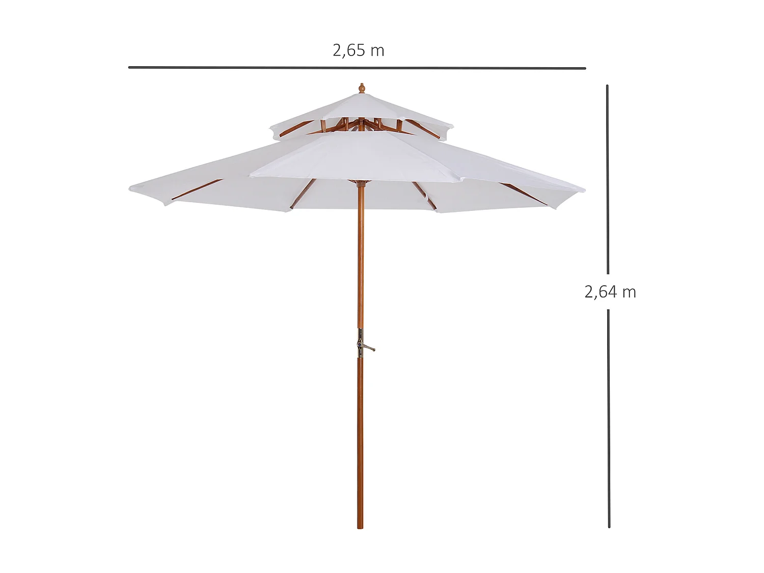 Parasol en bois peuplier droit 2 toits polyester 180 g/m² dia. 2,65 x 2,64H m blanc