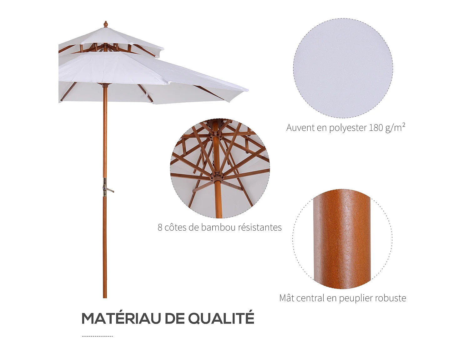 Parasol en bois peuplier droit 2 toits polyester 180 g/m² dia. 2,65 x 2,64H m blanc