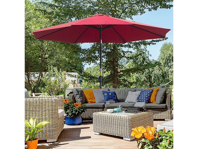 Parasol en métal rond polyester 180g/m² manivelle inclinable Ø 3 x 2,45 m bordeaux