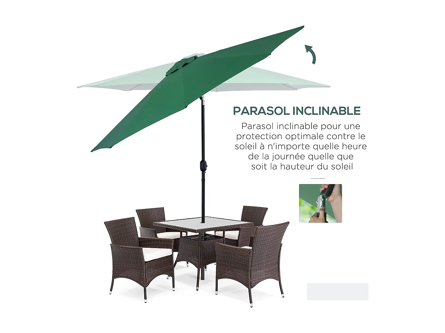 Parasol en métal rond polyester 180g/m² manivelle inclinable Ø 3 x 2,45 m vert