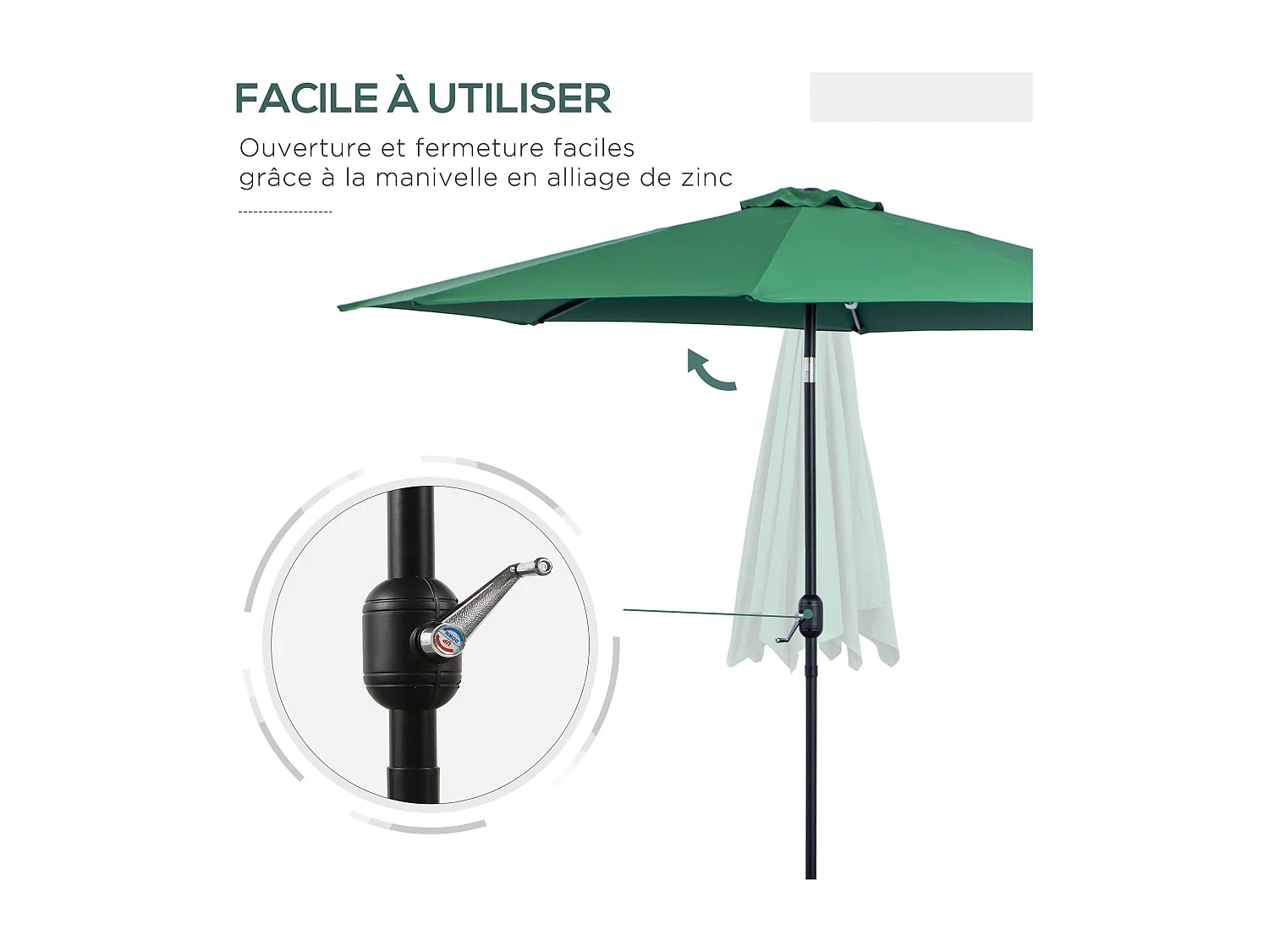 Parasol en métal rond polyester 180g/m² manivelle inclinable Ø 3 x 2,45 m vert