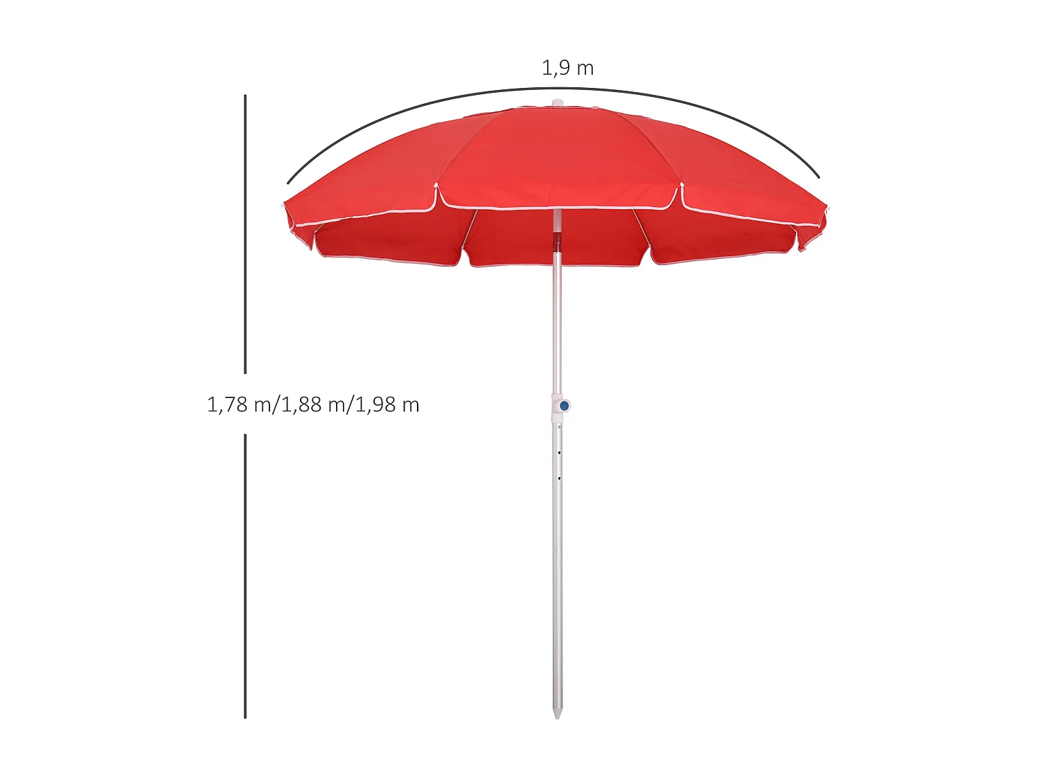 Parasol inclinable octogonal Ø 190 cm tissu polyester haute densité anti-UV hauteur réglable mât alu sac de transport inclus rouge