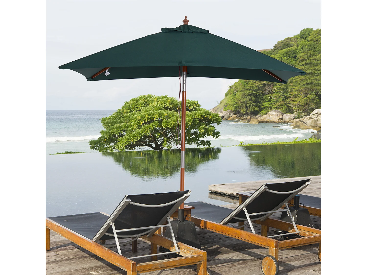 Parasol rectangulaire inclinable bois polyester haute densité 2L x 1,5l x 2,3H m vert foncé