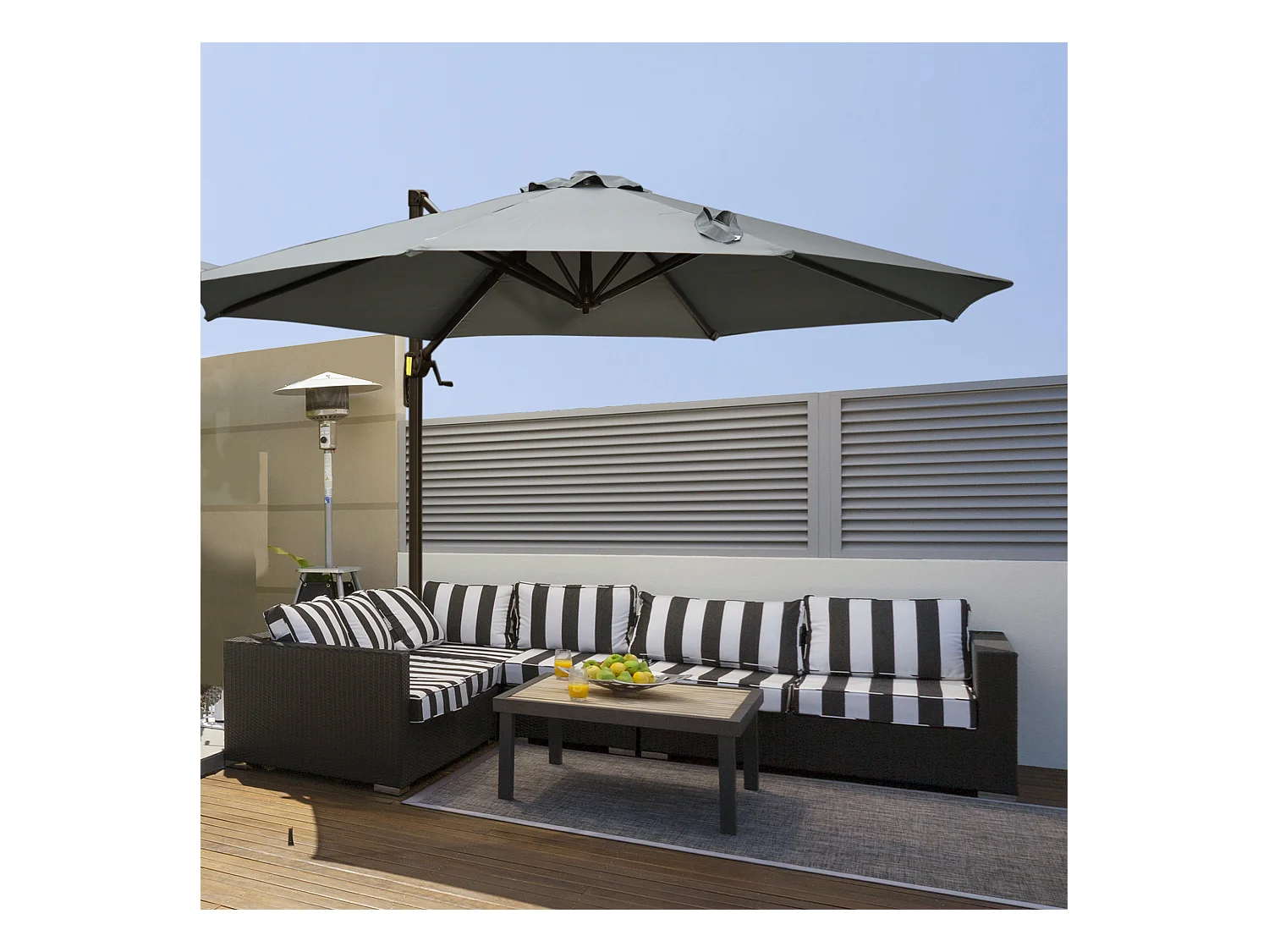 Parasol déporté octogonal inclinable rotatif 360° manivelle piètement acier mât alu. dim. Ø 2,95 x 2,5H m polyester haute densité gris