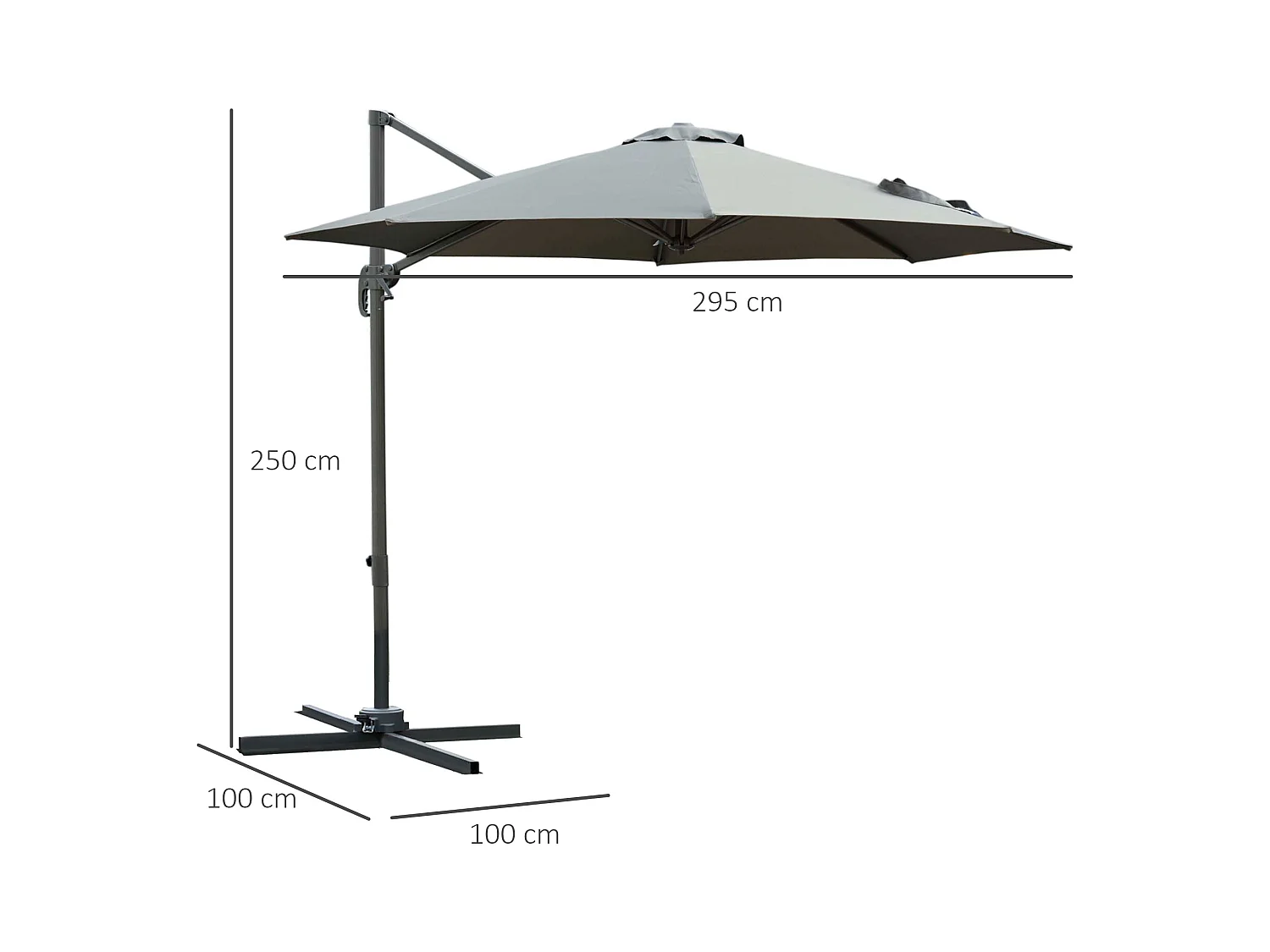 Parasol déporté octogonal inclinable rotatif 360° manivelle piètement acier mât alu. dim. Ø 2,95 x 2,5H m polyester haute densité gris