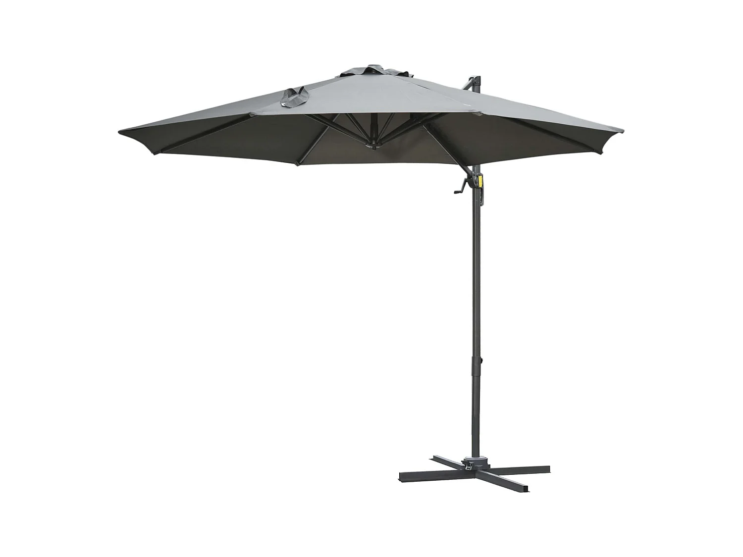 Parasol déporté octogonal inclinable rotatif 360° manivelle piètement acier mât alu. dim. Ø 2,95 x 2,5H m polyester haute densité gris