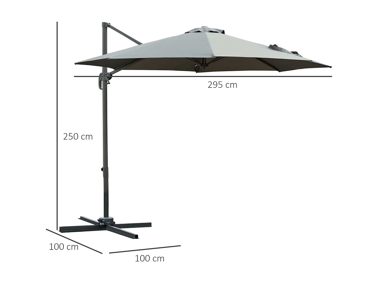 Parasol déporté octogonal inclinable rotatif 360° manivelle piètement acier mât alu. dim. Ø 2,95 x 2,5H m polyester haute densité gris