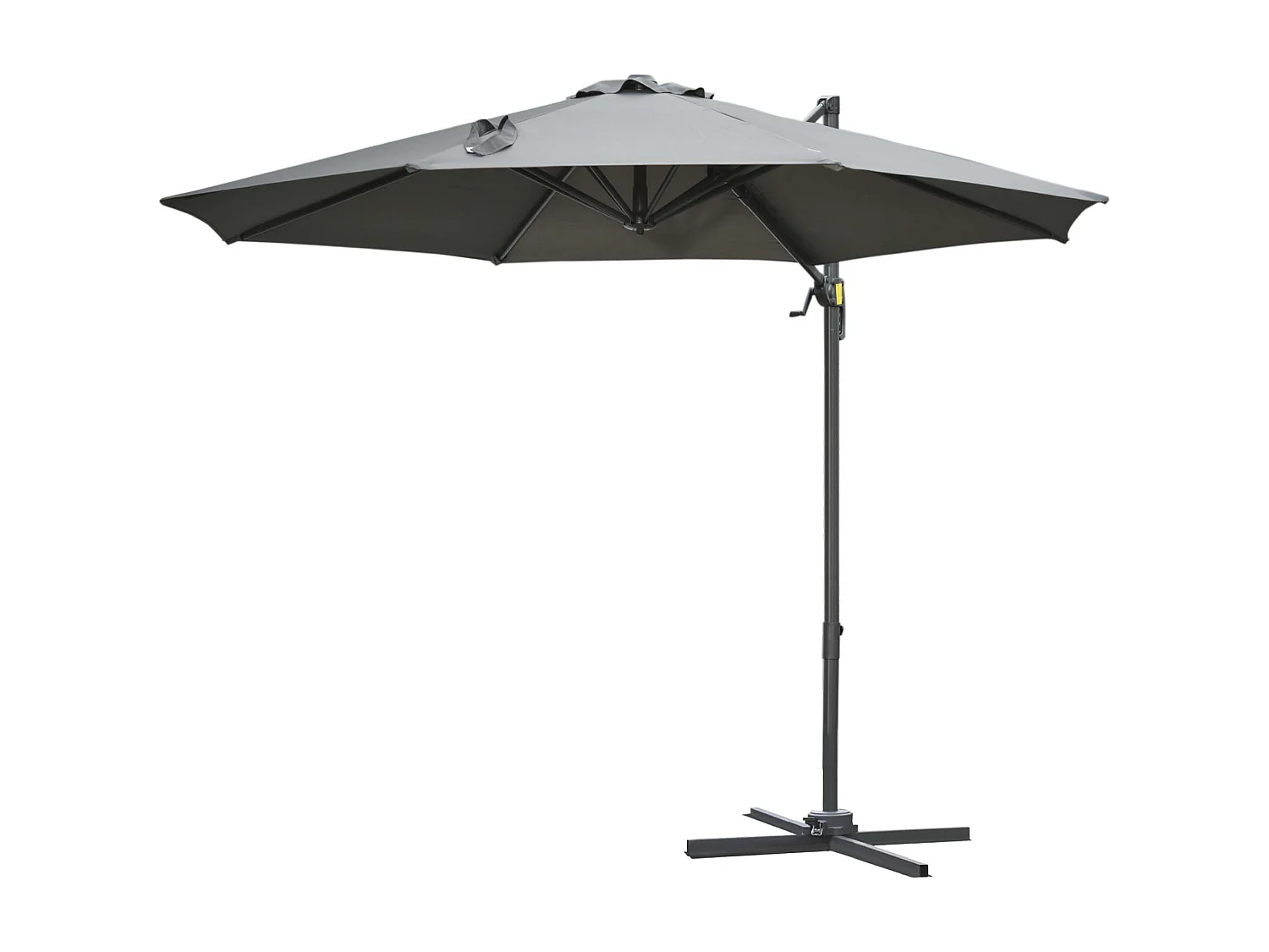 Parasol déporté octogonal inclinable rotatif 360° manivelle piètement acier mât alu. dim. Ø 2,95 x 2,5H m polyester haute densité gris