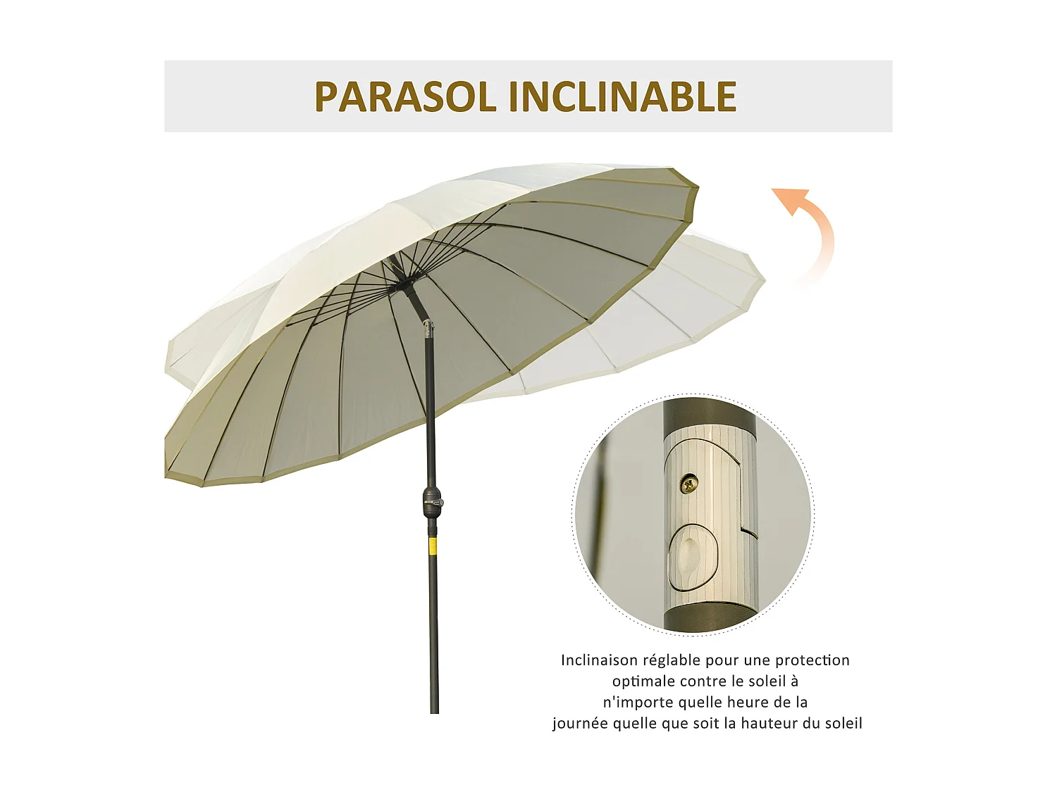 Parasol inclinable rond avec manivelle métal fibre de verre Ø 2,55 m polyester haute densité beige