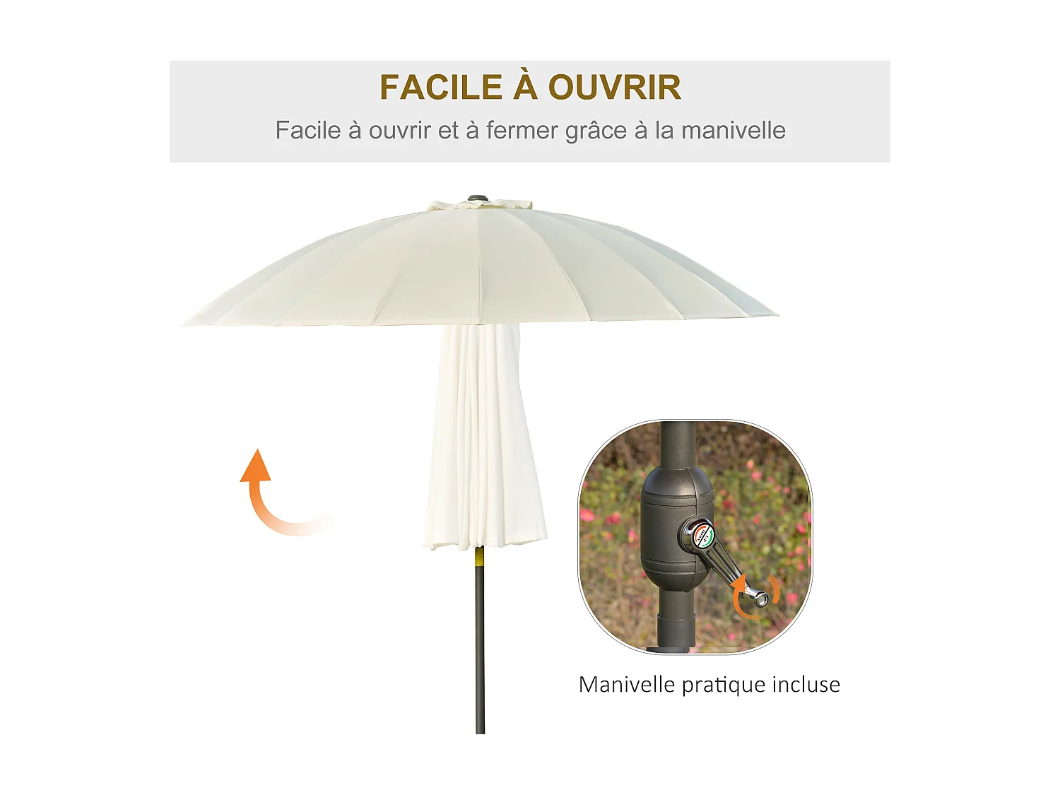 Parasol inclinable rond avec manivelle métal fibre de verre Ø 2,55 m polyester haute densité beige