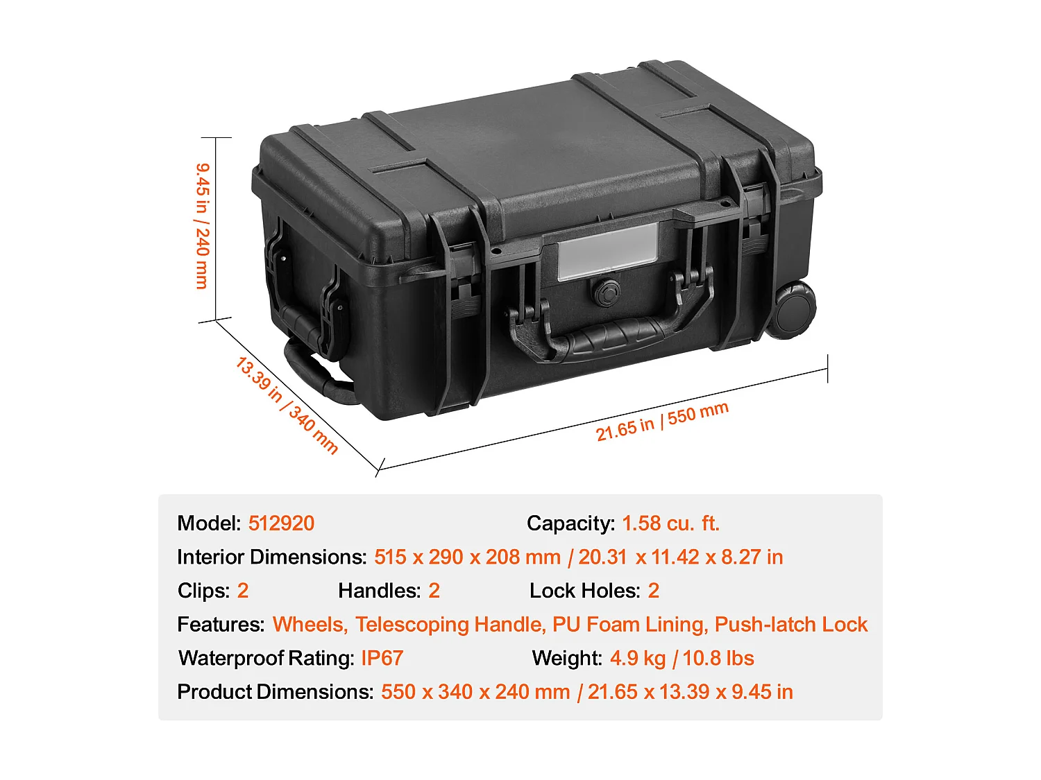 Estojo Rígido Resistente às Intempéries, SucceBuy Mala de 45 L com Alças Retráteis e Rodas