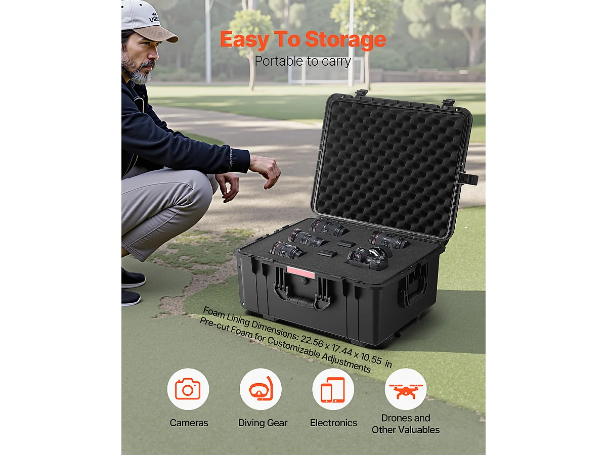 Estojo Rígido Resistente às Intempéries, SucceBuy Mala Estanque de 99 L com Rodas e Alça, Preta