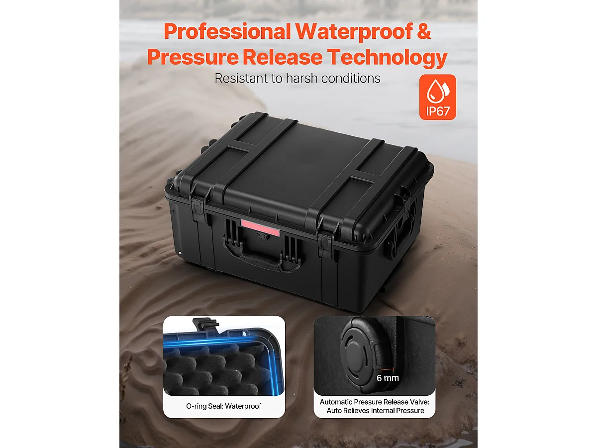 Estojo Rígido Resistente às Intempéries, SucceBuy Mala Estanque de 99 L com Rodas e Alça, Preta