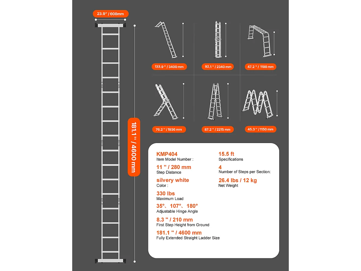 Échelle Pliante Polyvalente SucceBuy 7 en 1, 4 Marches, Hauteur 4,6 m