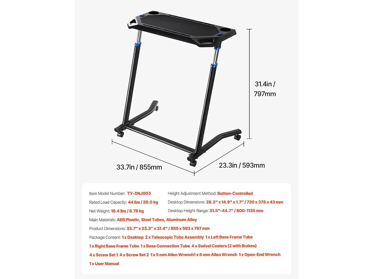 Stationair Fietsbureau SucceBuy Mobiel Fietsbureau, Opvouwbaar Fitnessbureau met Vergrendelbaar Wiel voor Fitness