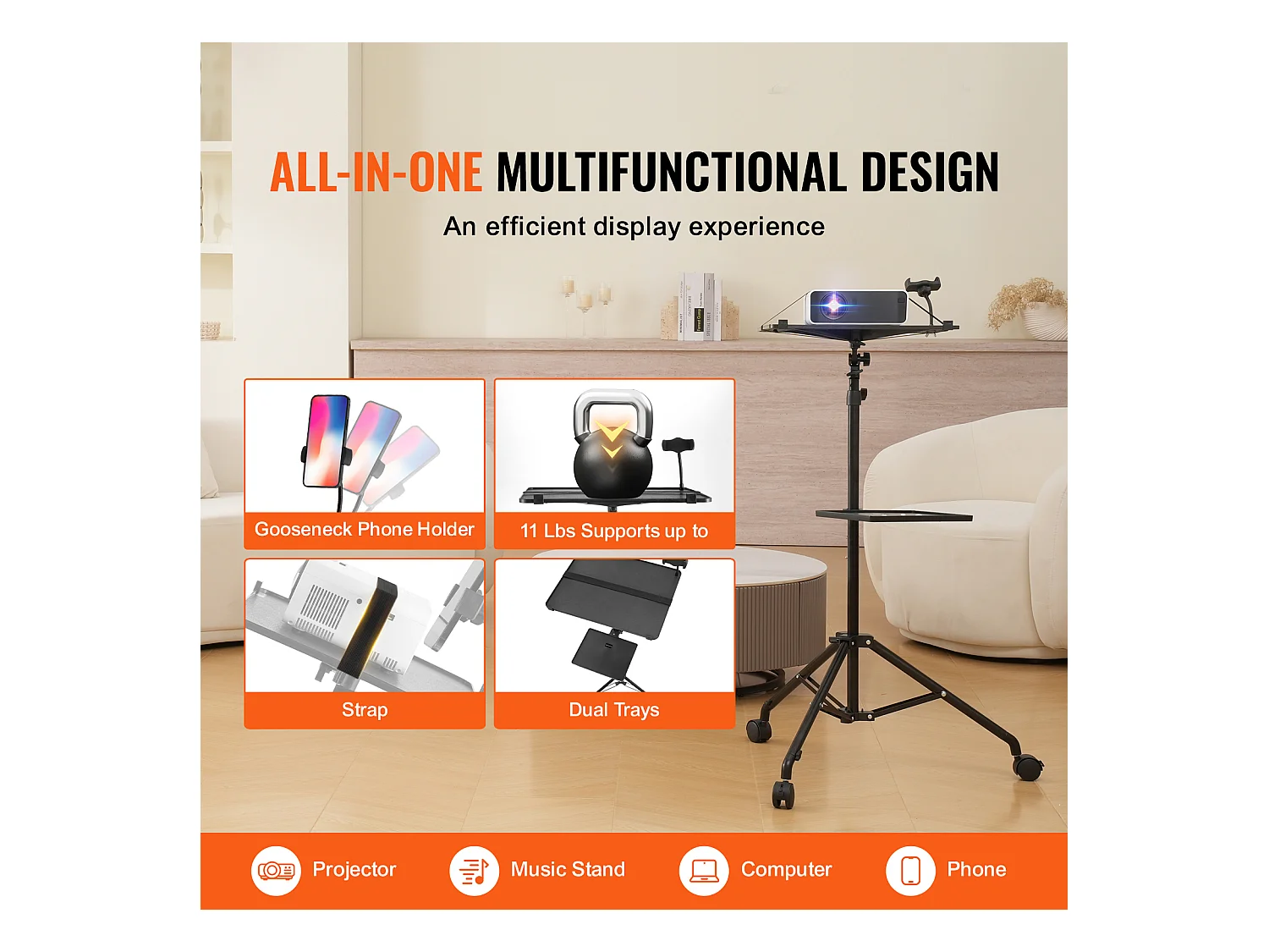 Support pour Vidéoprojecteur SucceBuy Support de Projecteur avec Roulettes, Trépied pour Ordinateur Portable, Hauteur 80 à 170 cm