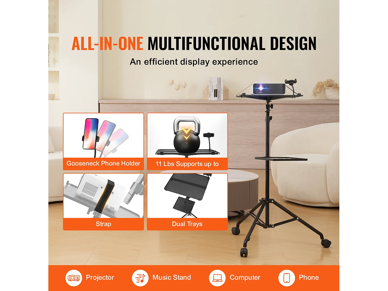 Support pour Vidéoprojecteur SucceBuy Support de Projecteur avec Roulettes, Trépied pour Ordinateur Portable, Hauteur 80 à 170 cm