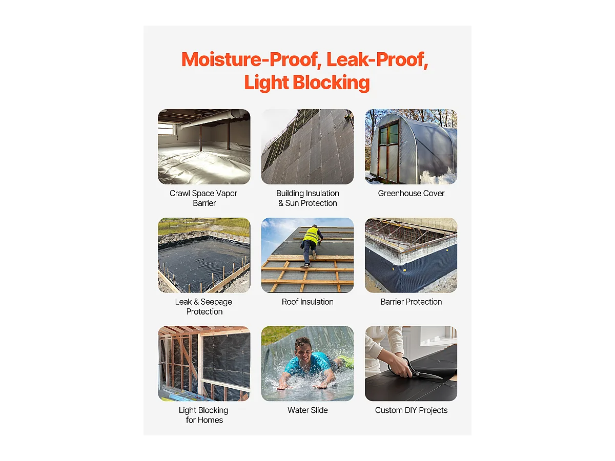 Bâche Plastique Robuste SucceBuy Rouleau de Feuille de Plastique 0.25 mm, 610 x 3048 cm, Polyéthylène Noir Très Résistant