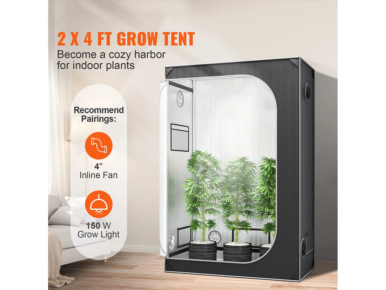 Tienda de Cultivo SucceBuy Armario de Cultivo de 122 x 61 x 183 cm con Ventana y Bandeja