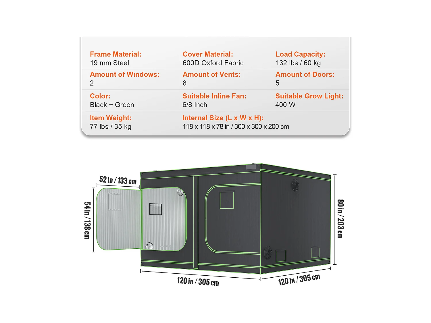 Tente de Culture SucceBuy Tente de Culture, 305 x 305 x 203 cm, Culture en Intérieur, Hydroponique, Fenêtre, Porte, Bac