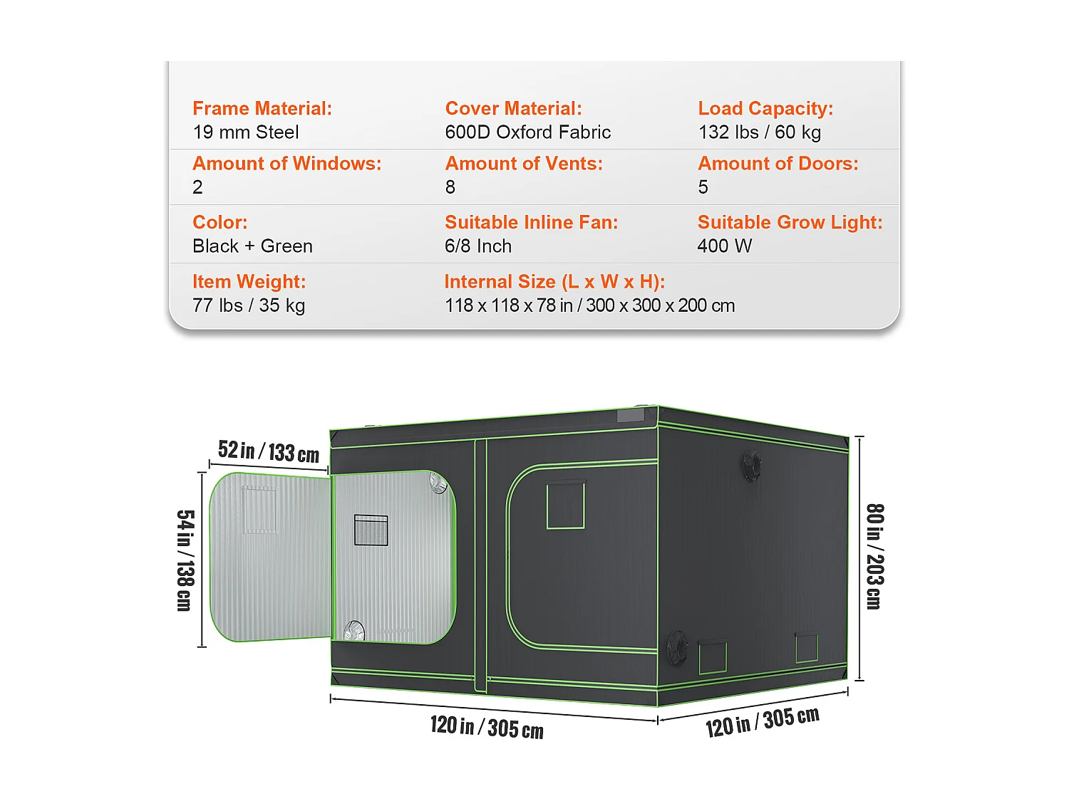 Tente de Culture SucceBuy Tente de Culture, 305 x 305 x 203 cm, Culture en Intérieur, Hydroponique, Fenêtre, Porte, Bac