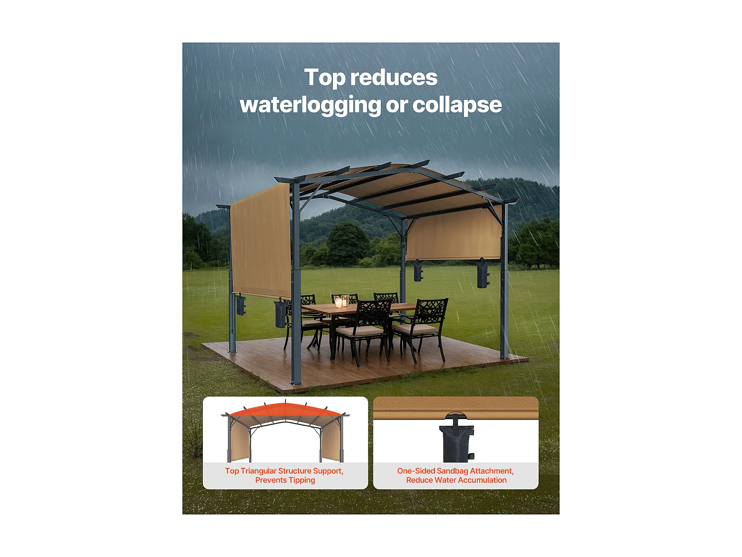 Intrekbare Pergola SucceBuy 365.5 x 305 cm Intrekbare Pergola voor Buiten, Gebogen Metalen Terrasoverkapping