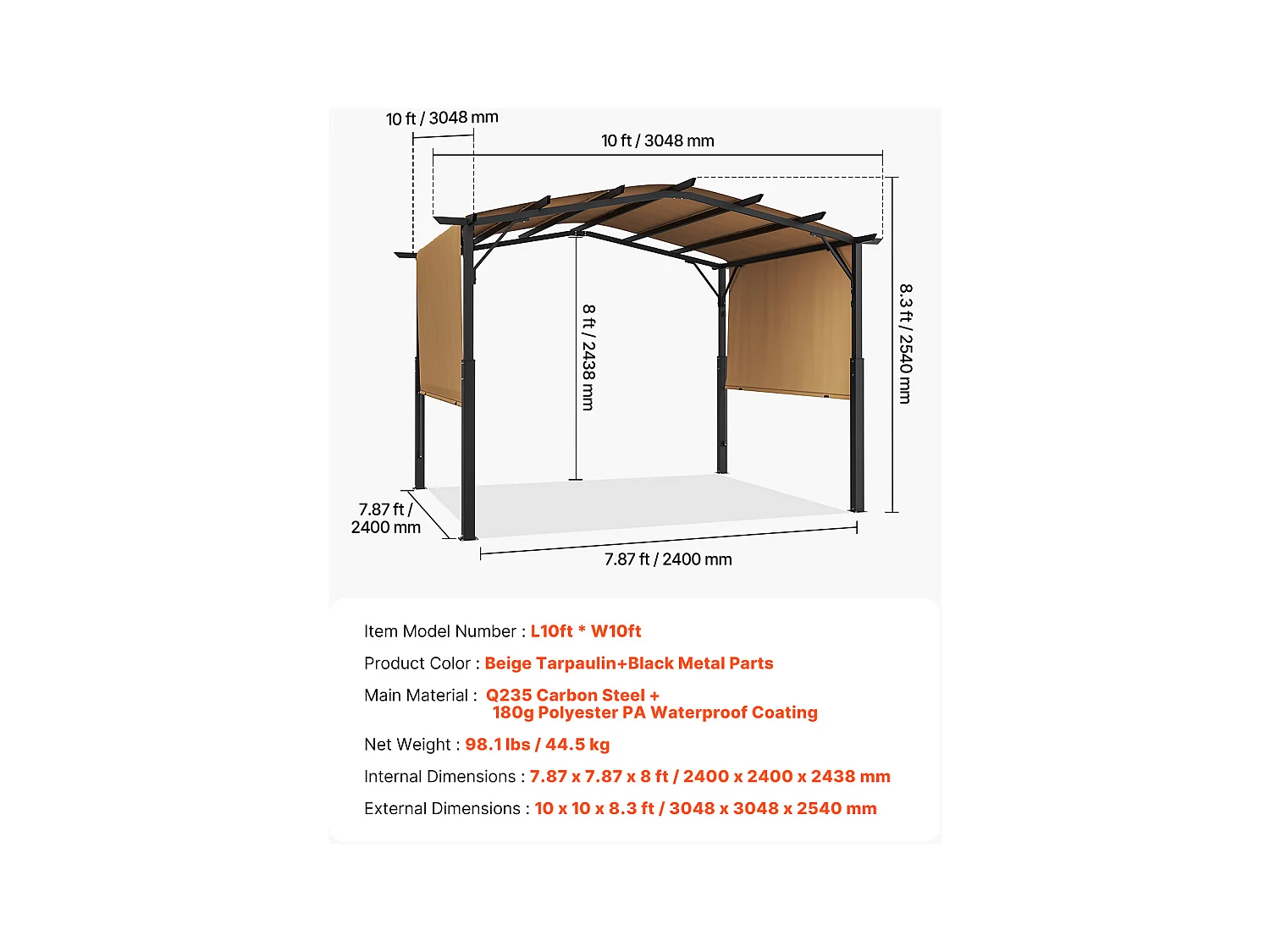 Pergola Rétractable SucceBuy Pergola Rétractable d'Extérieur 305 x 305 cm, Auvent Métallique Arqué pour Patio