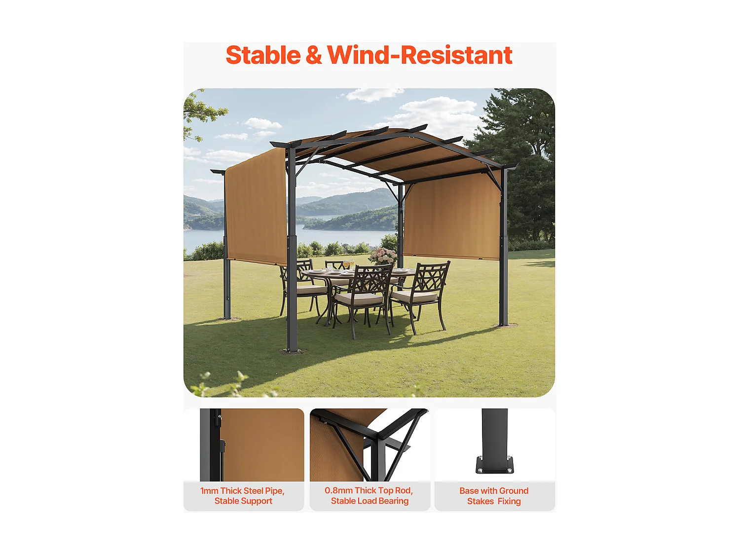 Intrekbare Pergola SucceBuy 305 x 305 cm Intrekbare Pergola voor Buiten, Gebogen Metalen Terrasoverkapping