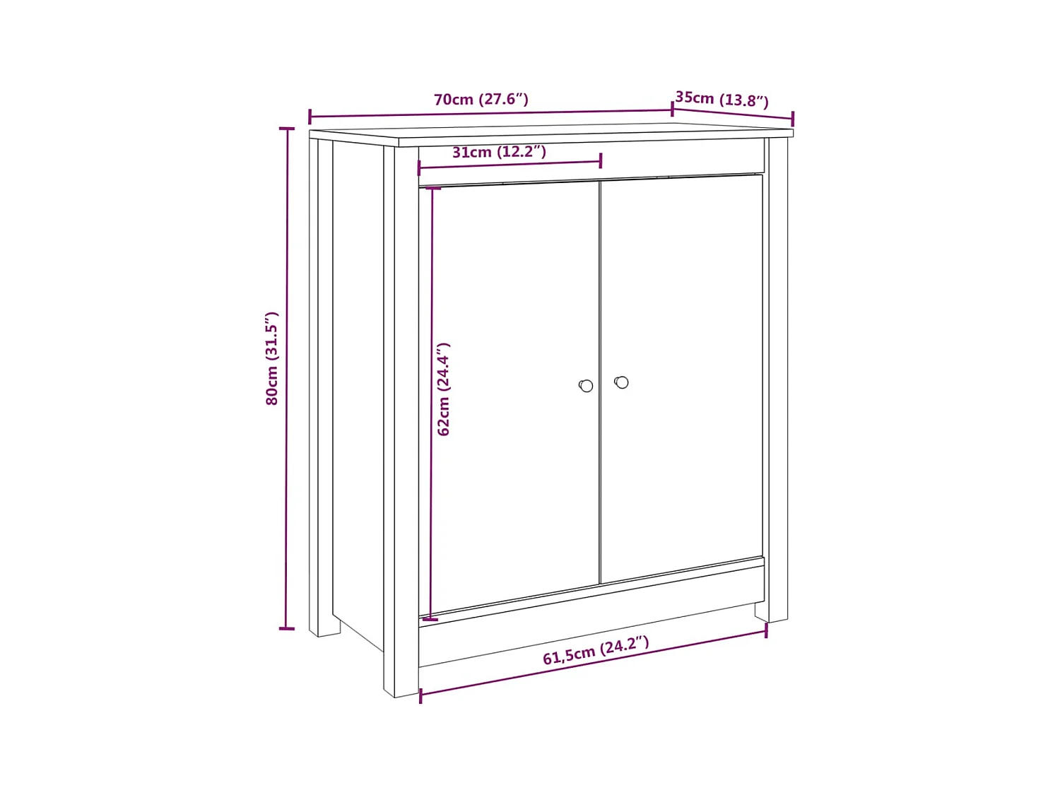 Buffet blanc 70x35x80 cm bois massif de pin