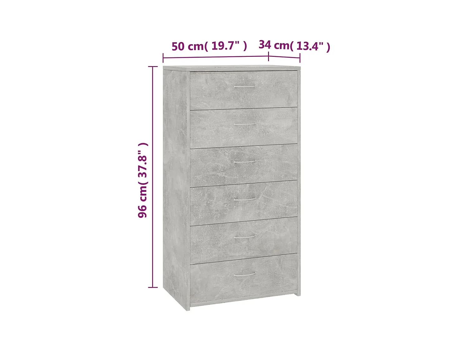 Buffet avec 6 tiroirs Gris béton 50x34x96 cm Bois d'ingénierie