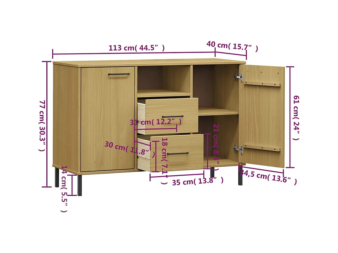 Buffet avec pieds en métal Marron 113x40x77 cm Bois massif OSLO