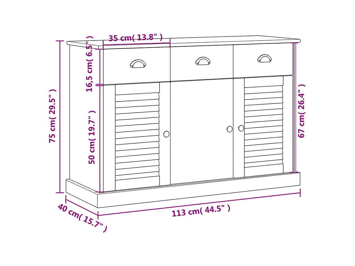 Buffet avec tiroirs VIGO 113x40x75 cm gris bois massif de pin