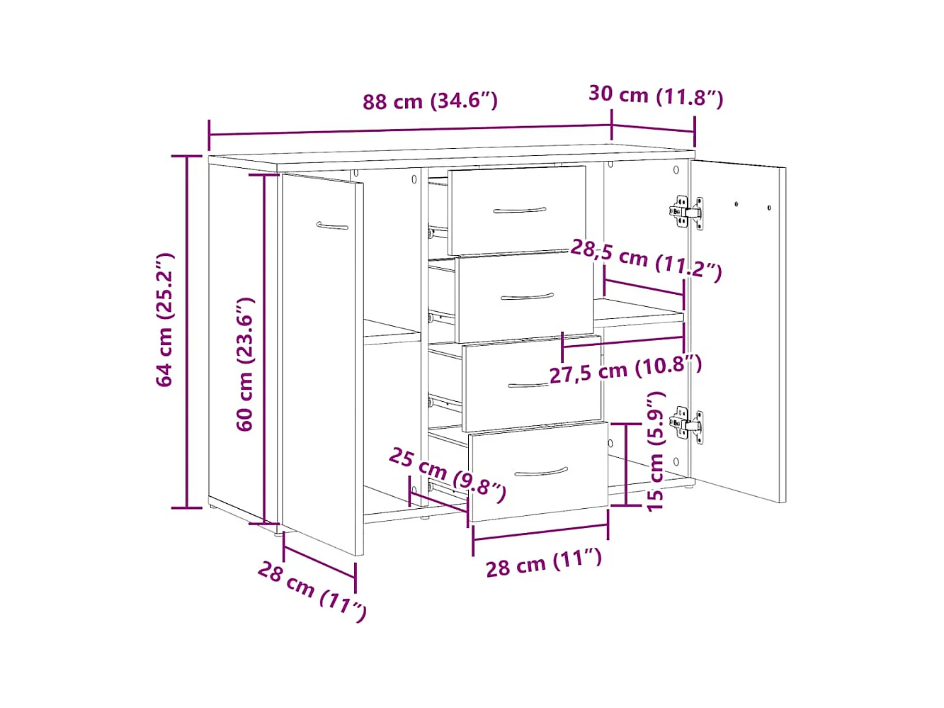 Buffet chêne artisanal 88x30x64 cm bois d'ingénierie