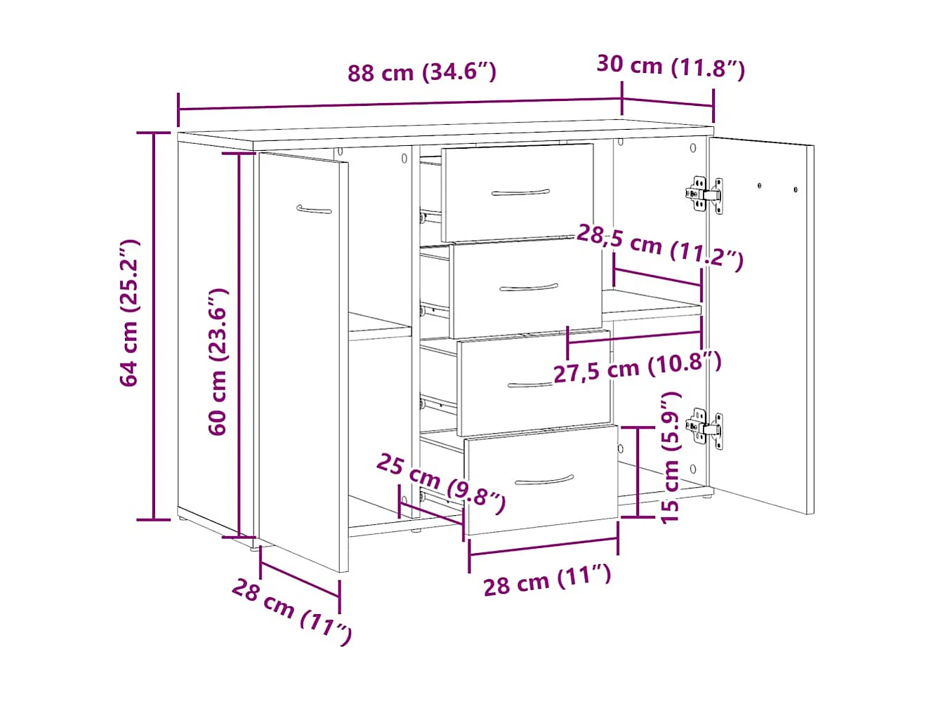 Handgemaakt eikenhouten dressoir 88x30x64 cm bewerkt hout