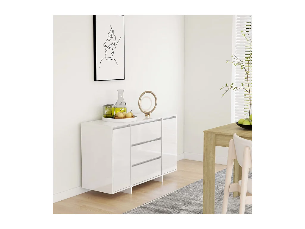 Buffet et 3 tiroirs Blanc brillant 120x41x75 cm Bois ingénierie
