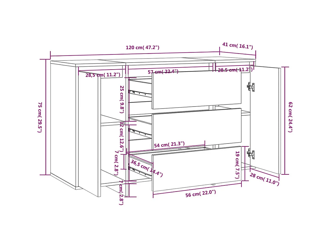 Buffet et 3 tiroirs Blanc brillant 120x41x75 cm Bois ingénierie