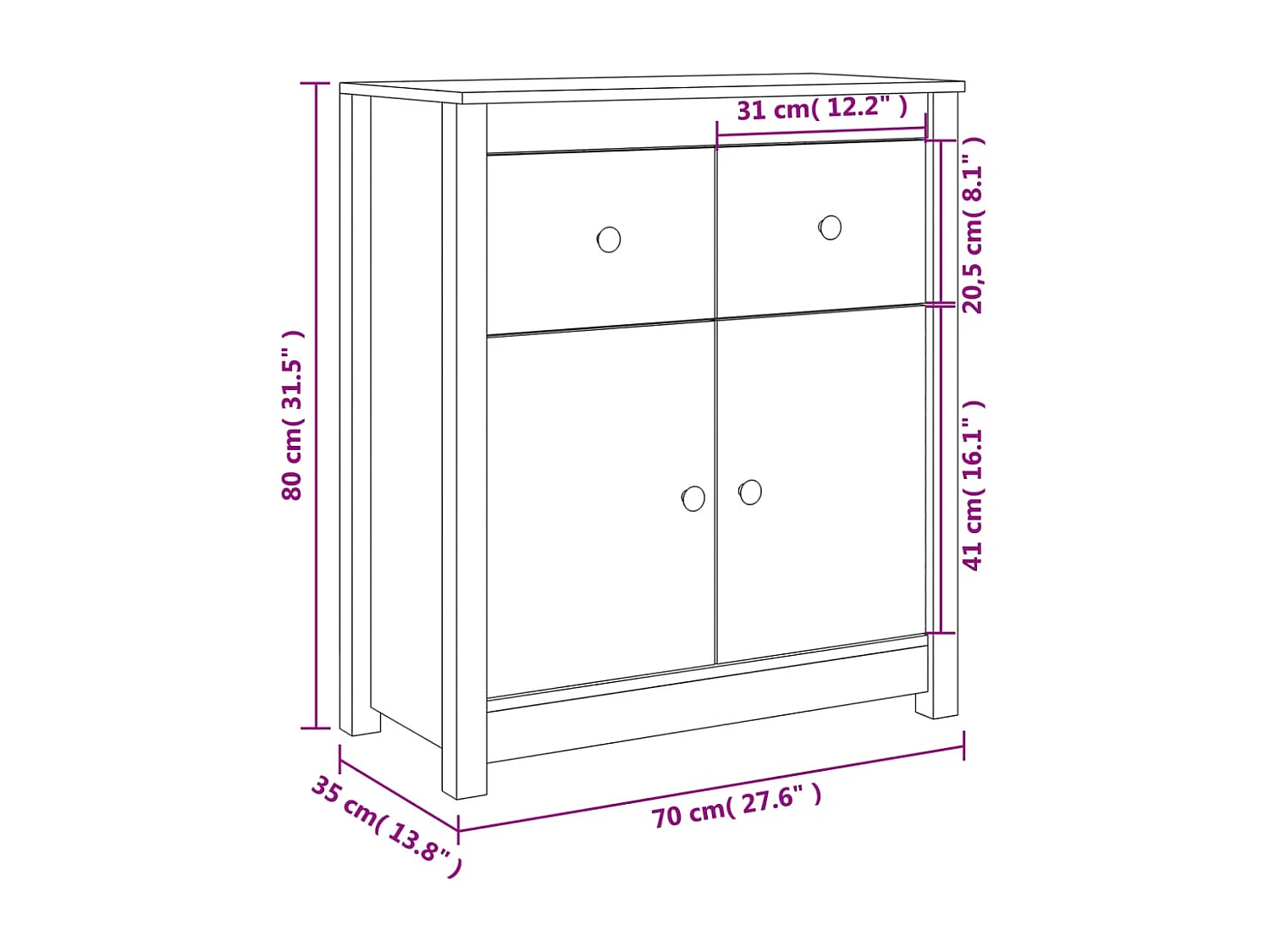 Buffet blanc 70x35x80 cm bois massif de pin