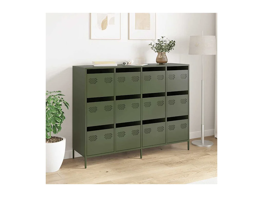 Credenza verde oliva 135x39x103,5 cm in acciaio laminato a freddo