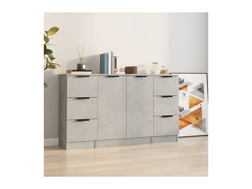 credenze a 3 pezzi, grigio cemento, legno ingegnerizzato