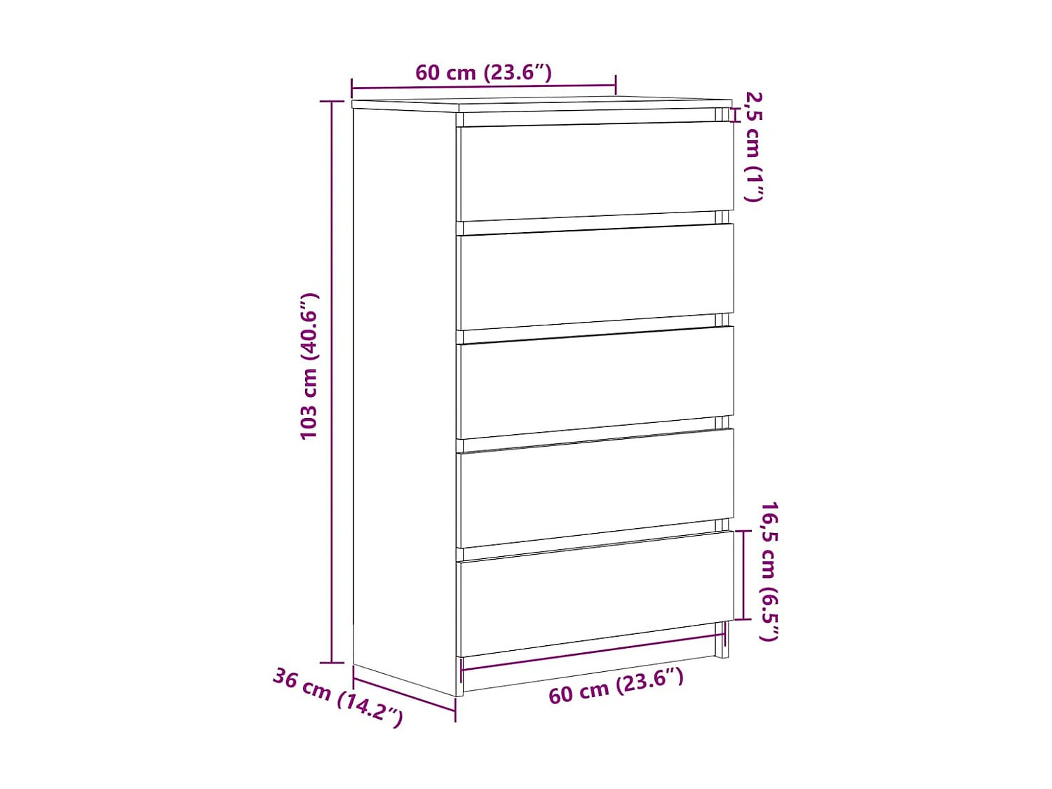 Cassettiera bianca 60x36x103 cm Legno ingegnerizzato