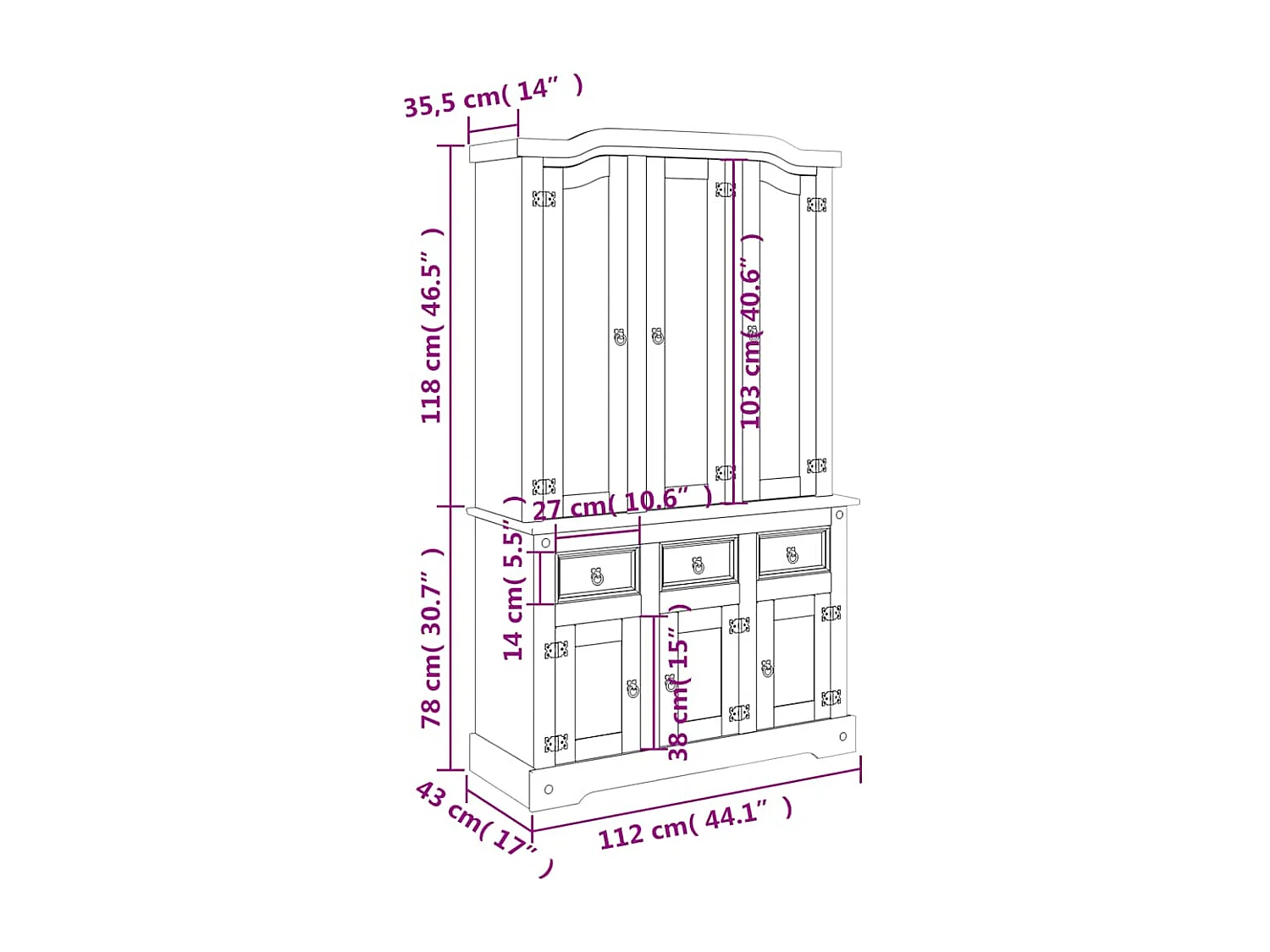 Corona bruin dressoir 112x43x196 cm massief Mexicaans grenenhout