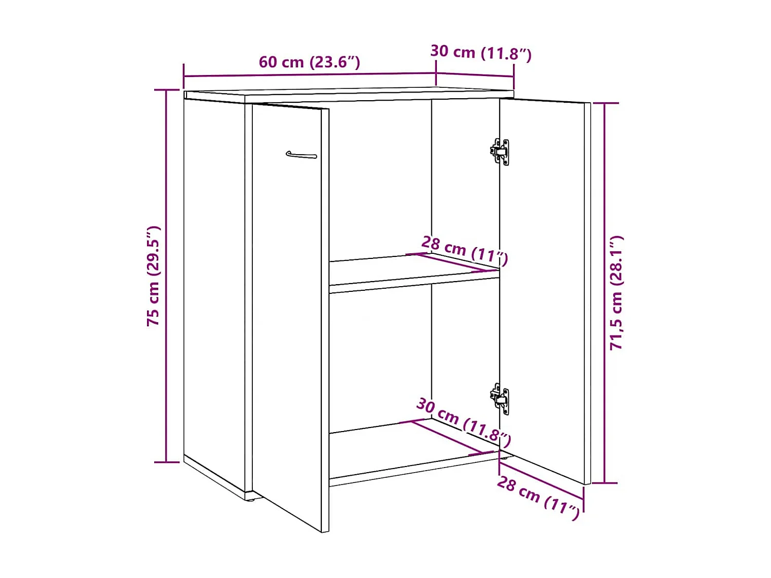 Buffet chêne artisanal 60x30x75 cm bois d'ingénierie