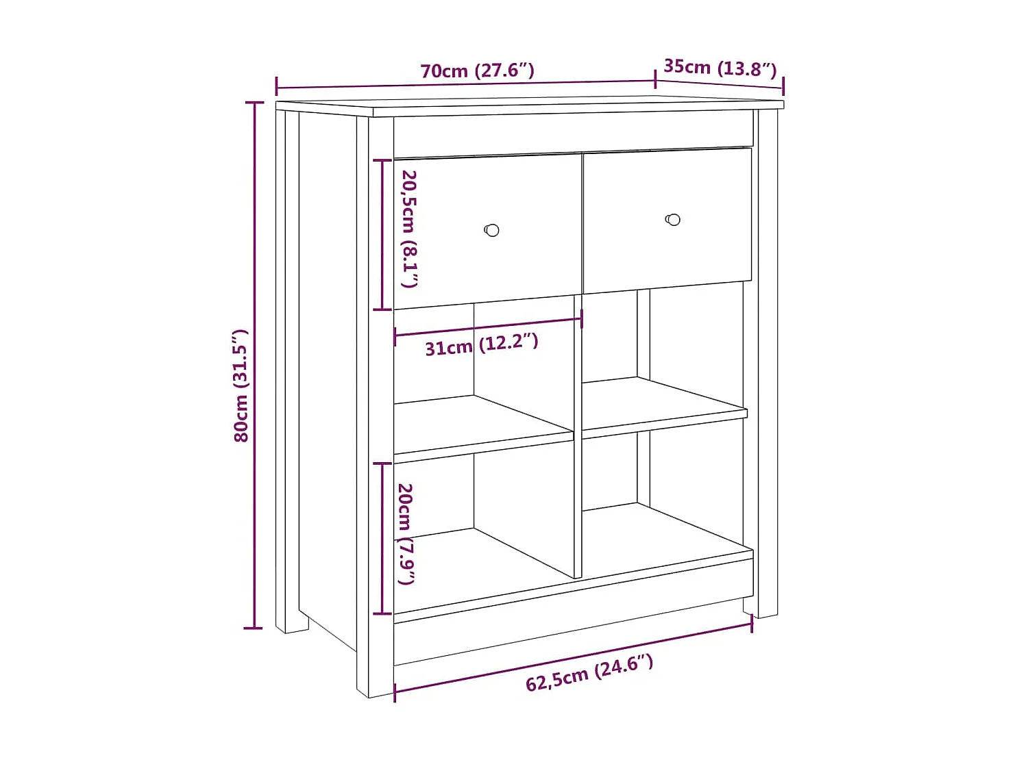 Honingbruin dressoir 70x35x80 cm massief grenenhout