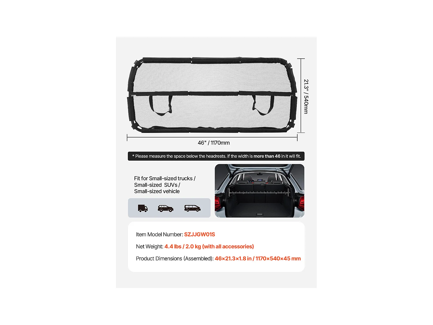 Barrière de Sécurité pour Chien SucceBuy, Séparateur de Voiture pour Espace de Chargement, 117 cm de Large