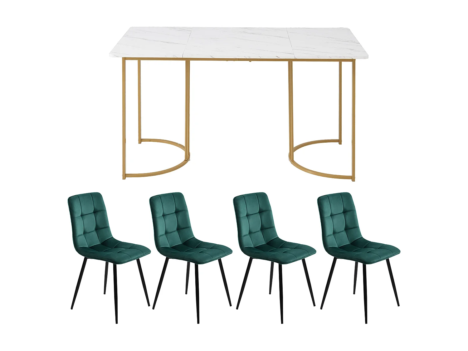 Ensemble salle à manger 5 pièces, avec 4 chaises, table MDF blanc, pieds métalliques dorés, chaises velours vert foncé (140x80x75 cm)