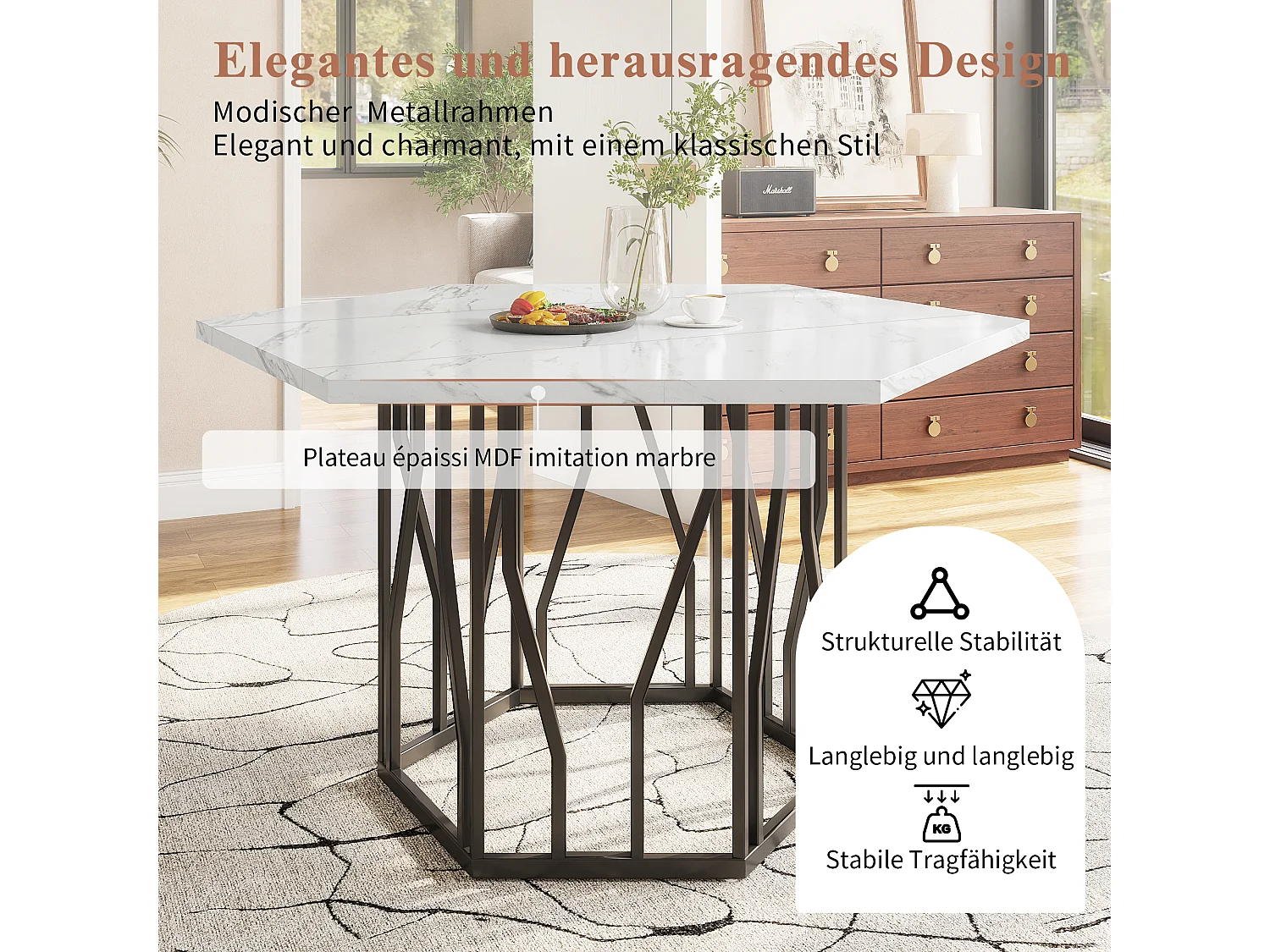 Ensemble table à manger et chaises 5 pièces, table hexagonale marbre moderne + 4 chaises velours noir, MDF + acier, noir (115.5x100x75 cm)