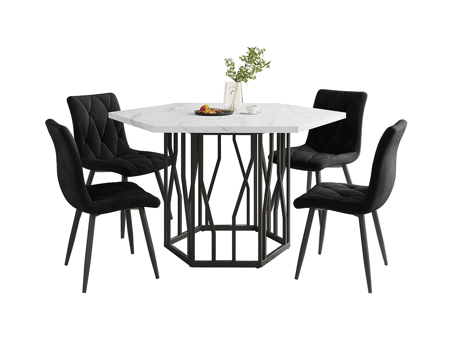 Ensemble table à manger et chaises 5 pièces, table hexagonale marbre moderne + 4 chaises velours noir, MDF + acier, noir (115.5x100x75 cm)