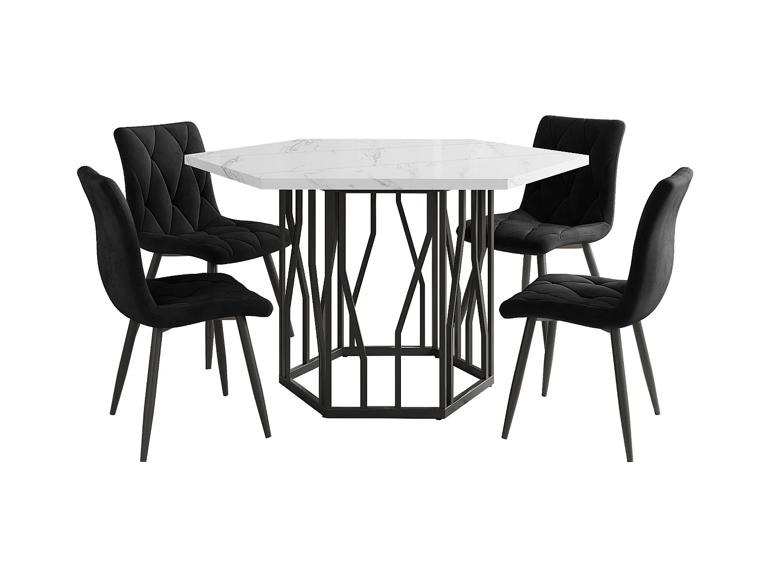 Ensemble table à manger et chaises 5 pièces, table hexagonale marbre moderne + 4 chaises velours noir, MDF + acier, noir (115.5x100x75 cm)